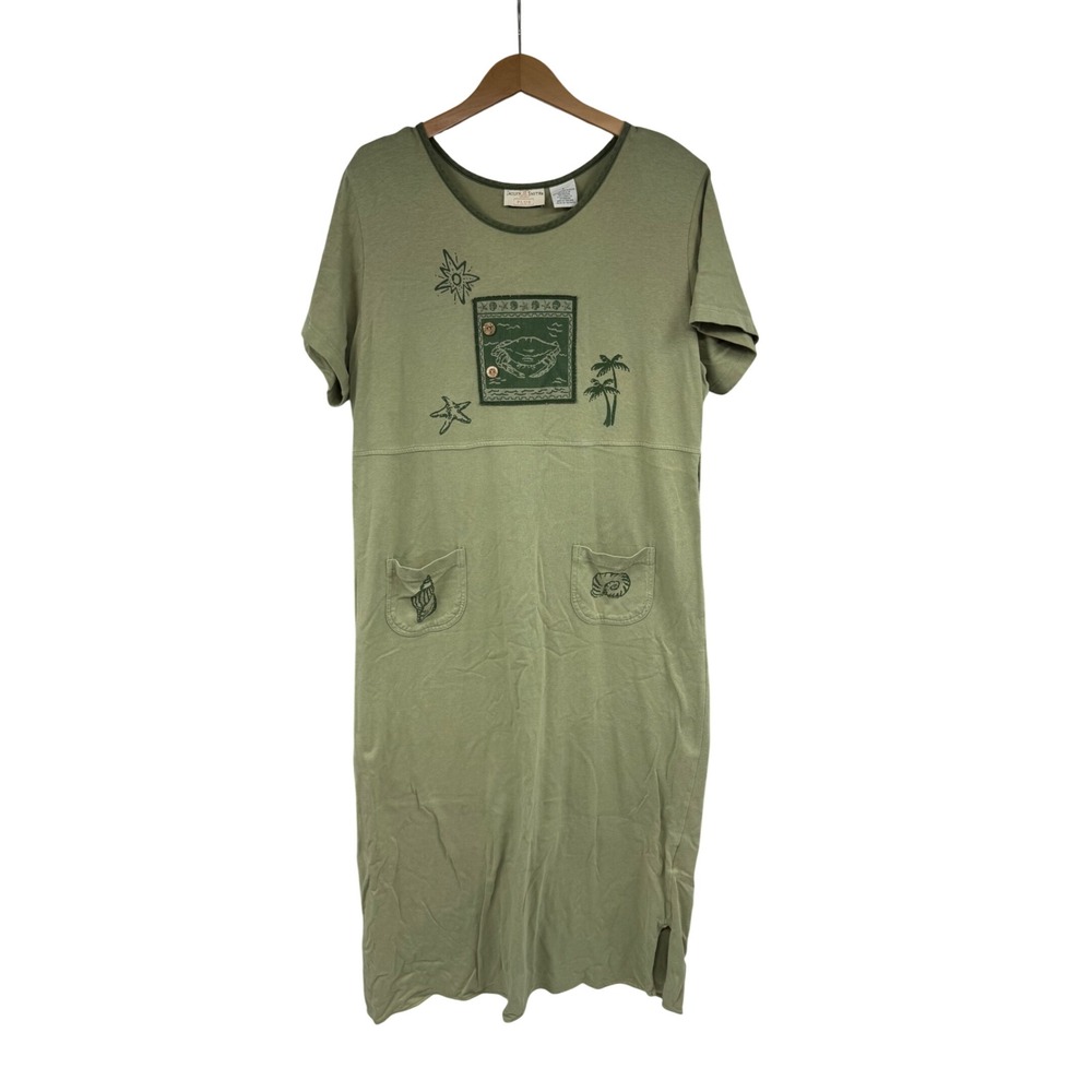 Jaclyn Smith Plus Green Cotton Coastal Beach Embroidered T-Shirt Dress Size X